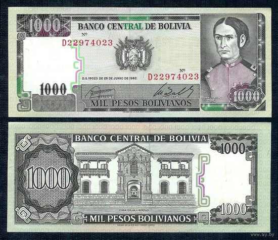 Боливия 1000 песо 1982 год, UNC.