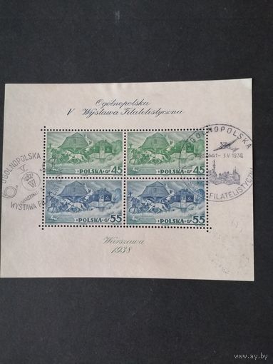 Польша 1938 Блок Mi.5А с 4 марками "V Обще Польская филателистическая выставка в Варшаве" (спецгашение без клея) Mi.327А-328А каталог 120.00 евро