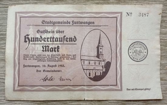 Werty71 Германия 100000 марок 1923 банкнота Гроссгельд Фуртванген Баден-Вюртемберг Большой формат