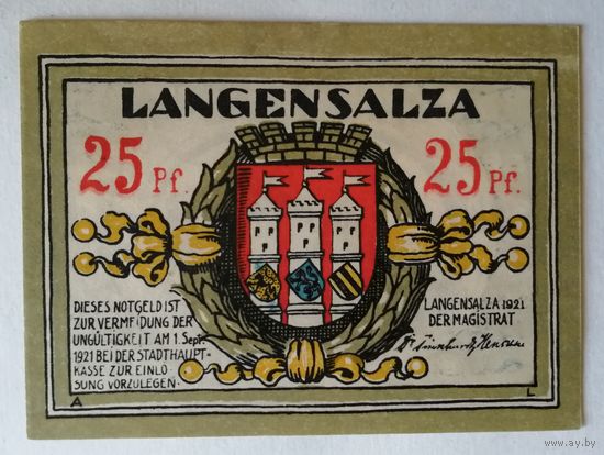 Германия 25 пфеннигов 1921 г Лангензальца (Langensalza) UNC 770.1а-3/6