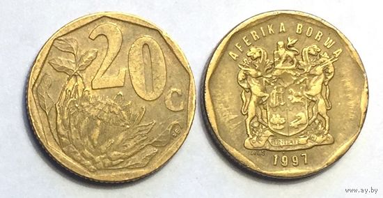 ЮАР, 20 центов 1997. Надпись на языке тсвана с ошибкой: AFERIKA BORWA