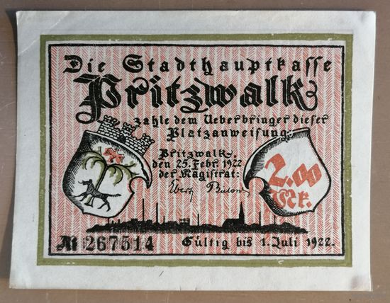 Германия, нотгельды, 2 марки 1922 год, Бриц (Britz), чек на предъявителя, крайне редкая.