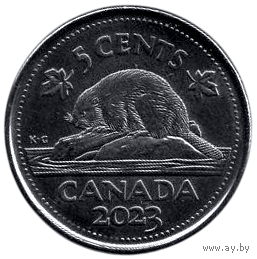 Конфедерация Канада. 5 центов 2023. UNC. Король Карл (Чарльз) III. Фауна. Бобр.