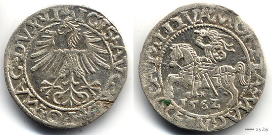 Полугрош 1562, Жигимонт Август, Вильно. Ав: окончание легенды - LI, Рв: хвост Погони вниз, окончание легенды - LITVA