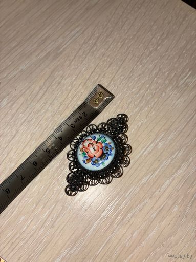Винтажная брошь финифть мельхиор