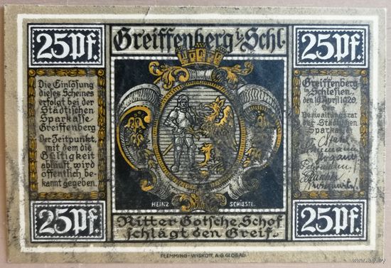 Германия 25 пфеннигов 1920 г Грейффенберг (Greiffenberg) 470.2, B1 вар. 4, aUNC