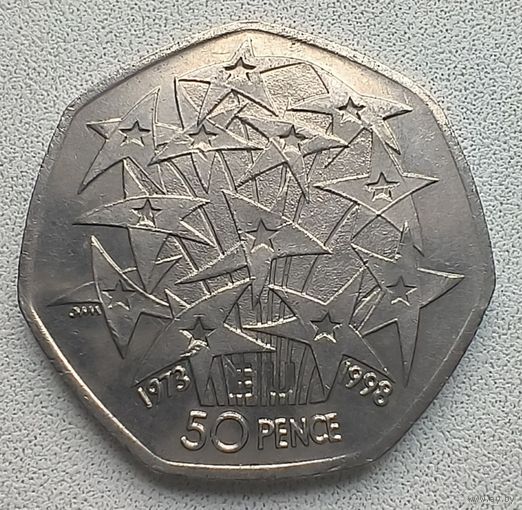 Великобритания 50 пенсов, 1998 25 лет присоединению Великобритании к Евросоюзу 4-12-30