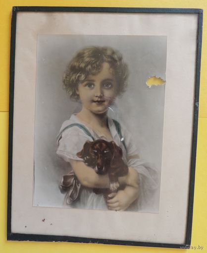 Фото "Девушка с собакой" в стеклянной рамке, с дефектом, 22*17 см без паспарту, 1920-1930-е гг.