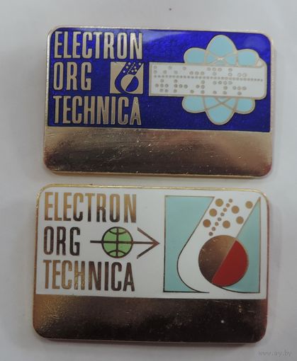 Большие значки "Electron Org Tehnica".  Служебный. Размер значка 4.3-6.5 см. Алюминий. - 2 шт.
