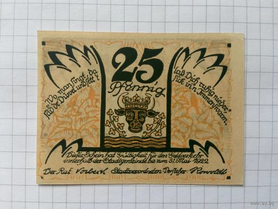 25 пфеннингов (нотгельды) 1921 г. Германия.