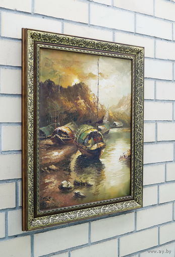 Картина в раме "Fischerdorf" Холст, Масло. Германия, Середина ХХ века.