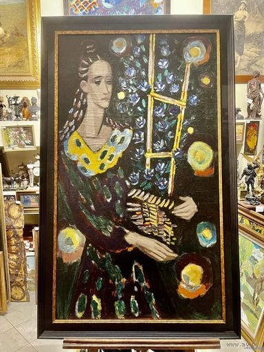 Кищенко А.М;Нар.худ;140/80см;1981г;х/м;"Девушка с цветами", 1981г. Холст, масло. Размер 140х80 см.