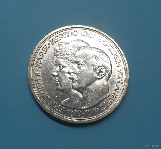 Германия. 3 марки. 1914 год. Анхальт. Фридрих II и Мария. Отличная! Блеск! Серебро