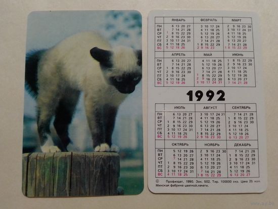 Карманный календарик. Котик.1992 год
