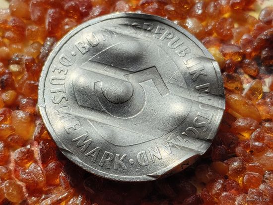 Германия (ФРГ). 5 марок 1989 F. Брак, аннулят, гашение ЦБ Германии. Торг.