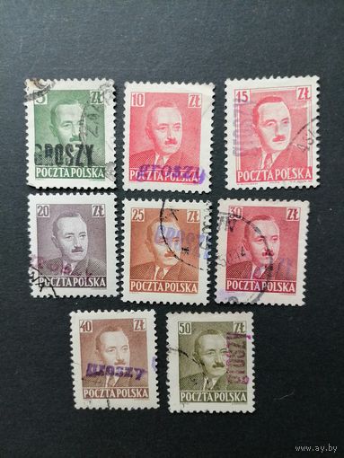 Польша 1950 Неполная серия марок с надпечаткой "GROSZY" 1950 года Mi.547-549,551-555 "Президент Болеслав Берут" (гашение без клея, следы наклеек) Mi.650-652,654-658 каталог 38.00 евро