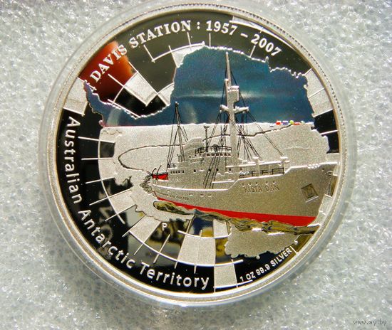 1 доллар 2007 Австралия Австралийские антарктические территории Станция DAVIS 1957-2007 Корабль Юбилей Серебро 999