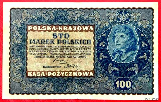 100 Марок Польских * 1919 год * Польша * XF * EF * Очень Красивая !