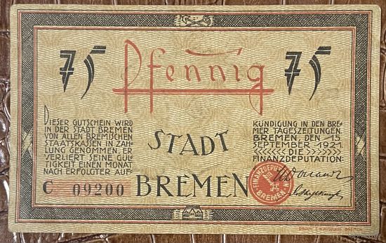 Нотгельд 75 пфеннигов 1921 год. Бремен,. Веймарская республика
