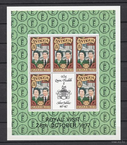 9. BrKS. Великобритания. Колонии. Антигуа. Серебряный юбилей Елизаветы II. Надпечатка. Королевский визит 28 октября 1977 г. 2,5 $. Mi.#477C. Малый лист. MNH. (Формат - 17 см. Х 14,5 см.).