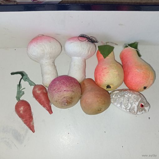 Ёлочные игрушки СССР, ёлочные игрушки из ваты, рыбка из пенопласта.
