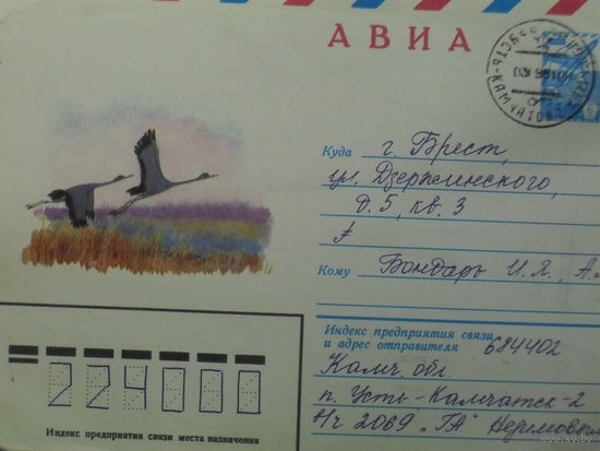 ХУДОЖЕСТВЕННЫЙ КОНВЕРТ ПРОШЕДШИЙ ПОЧТУ. СССР. ЛЕТЯЩИЕ ЖУРАВЛИ.  худ. С. КУПРИЯНОВ. ПТИЦЫ. ФАУНА.