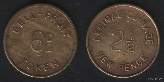 Bell-Fruit Token 6D -- Decimal Coinage 2 1/2 new pence (желтая) (18,6мм3,35гр) (крупн.шрифт) (f2