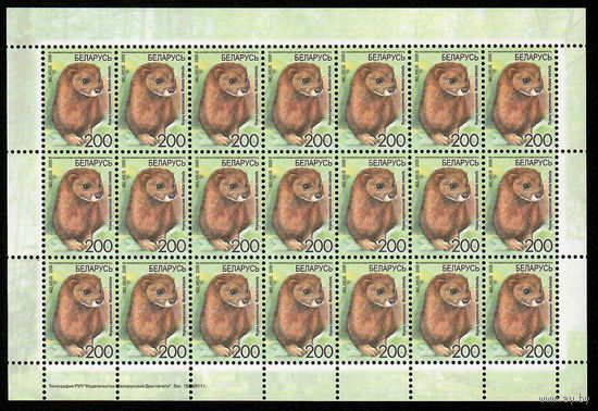 Беларусь. 2008. Стандарт. Норка европейская (200р) (з.138-2011) Без просечки сверху Лист