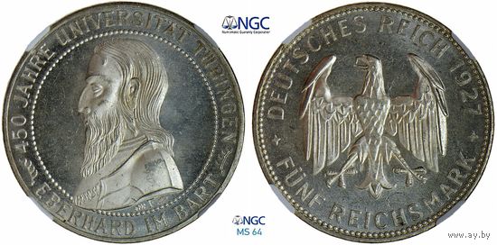5 рейхсмарок 1927 г. F. Веймарская республика. Германия. NGC MS 64. 450 лет Тюбингенскому университету. Серебро. Очень редкие. 40 тыс. шт. КМ# 55