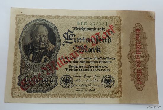 1000 марок 1922 г. Отпечаток один миллиард марок. Германия.