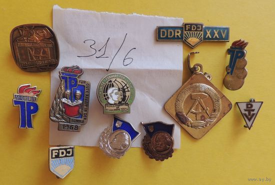 Значки ГДР "Свободная немецкая молодежь", пионерские значки "За хорошую работу в школе" (латунь, тяжелый металл), 10 шт.