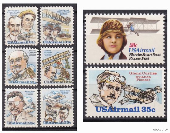14.Us. США. История авиации. Авиапочта. 1978/79/80 гг. Mi.##1362/1363, 1376/1377, 1408/1409, 1453/1454.