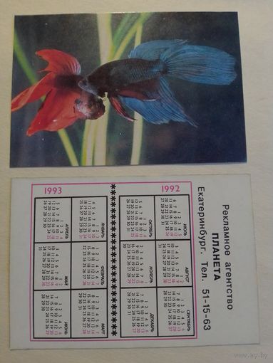 Карманный календарик. Аквариумные рыбы.1992 год