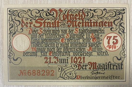 Нотгельд 75 пфенниг 1921 год. Майнинген. Веймарская республика