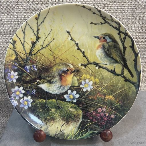 Декоративная настенная тарелка Tirschenreuth Свидание среди весенних цветов. Из серии Самые красивые портреты птиц Карла-Ганса Бёзе. Германия 1995 год. 19.5 см