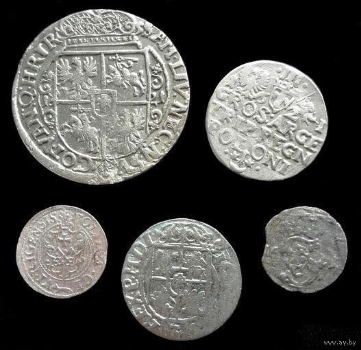 5 МОНЕТ РП 1621 г. (ОРТ, 3 ГРОША, ПОЛТОРАК, СОЛИД, ДВУДЕНАРИЙ) СИГИЗМУНД III (1587-1632)