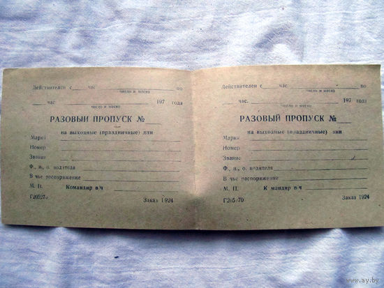 25-34 П1 Бланк Разовый пропуск для автомобиля Выходные и праздничные дни МО СССР 1970