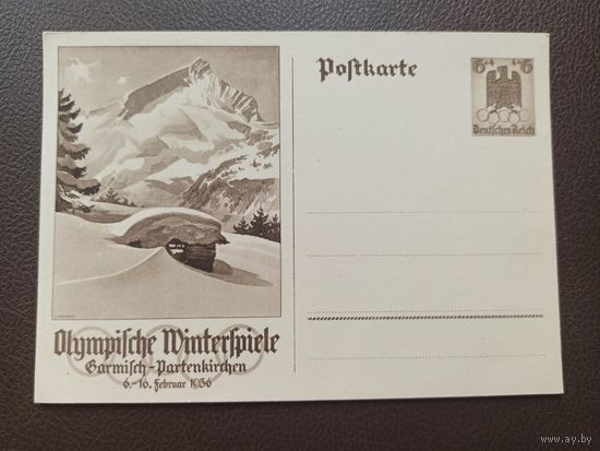 Почтовая карточка, зимняя Олимпиада в Гармеш-Партенкирхене 1936, февраль, Германия, Рейх.