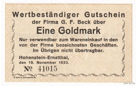 Германия Хоэнштайн-Эрнстталь 1 золотая марка 1923 года. Состояние UNC