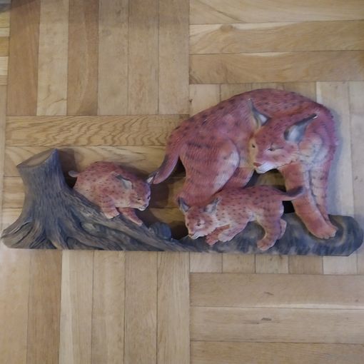 РЫСЬ С КОТЯТАМИ/РЫСЯТАМИ (дерево натуральное, ручная работа)