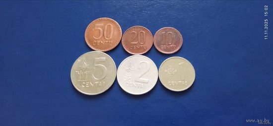50,20,10,5,2 и 1 центов 1991 год Литва ( Состояние на фото,в лоте 6 монет)