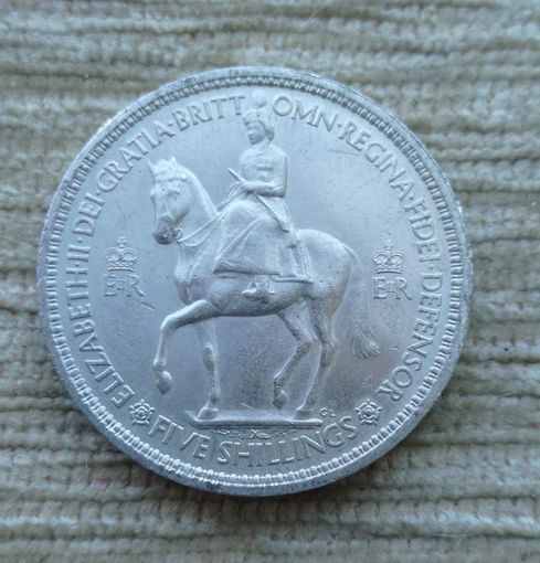 Werty71 Великобритания 5 шиллингов 1953 1 крона Елизавета 2 Британия Королева на Лошади