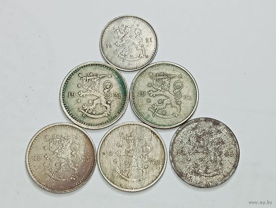 Финляндия 25 пенни 1921 года и 50 пенни 1921 , 1923 , 1935 , 1940 , 1946 года .