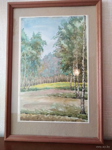 Старая акварель под стеклом