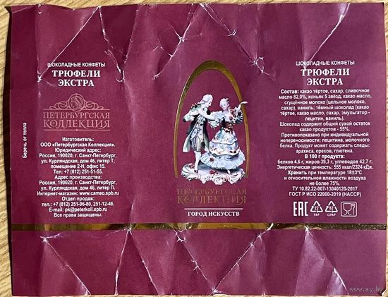 Фантик/обертка от конфеты "Город Искусств" Россия ООО "Петербургская Коллекция"