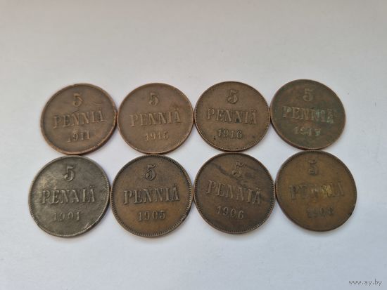 Сборный лот 5 пенни 1901, 1905, 1906, 1908, 1911, 1915, 1916, 1917 годов, для Финляндии (Николай II). Лот состоит из 8-ми монет. Монеты не чищены. 45657.