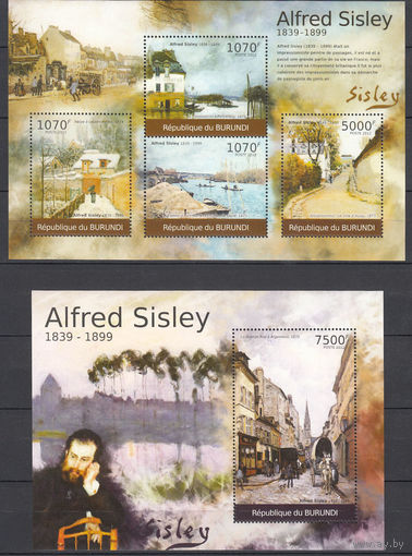 Живопись. Сислей. Бурунди . 2012. 1 малый лист и 1 блок. Michel N 2315-2374, бл196-210 (19,0 е)