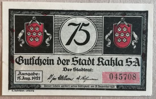 Германия 75 пфеннигов 1921 г Кала (Kahla) P# 668.2a, aUNC, В/З