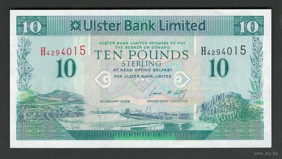 Северная Ирландия 10 фунтов 2008 года. Ulster Bank. Тип Р-341. Состояние аUNC+!