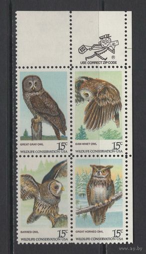 Фауна Птицы США /USA 1978** Хищные птицы Совы Квартблок Mi#1358-1361